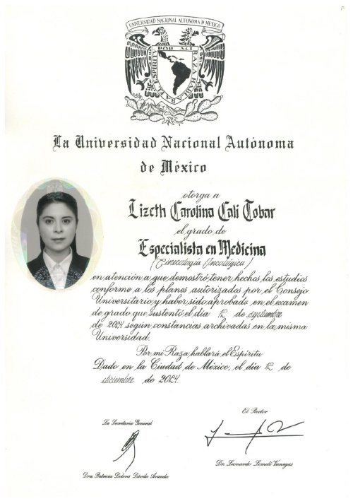 Certificado Dra. Lizeth Cali