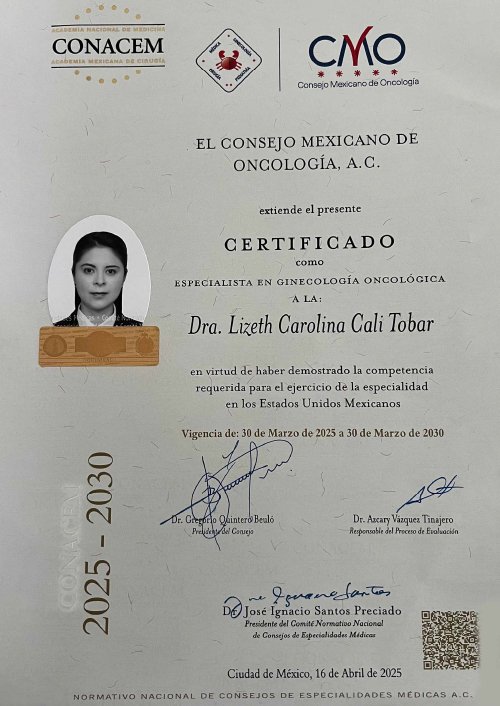 Certificado Dra. Lizeth Cali